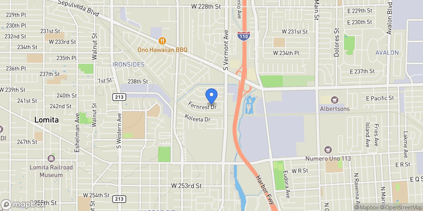 Map showing 949 Fernrest Drive, Harbor City, CA 90710, Los Angeles, California, United States.