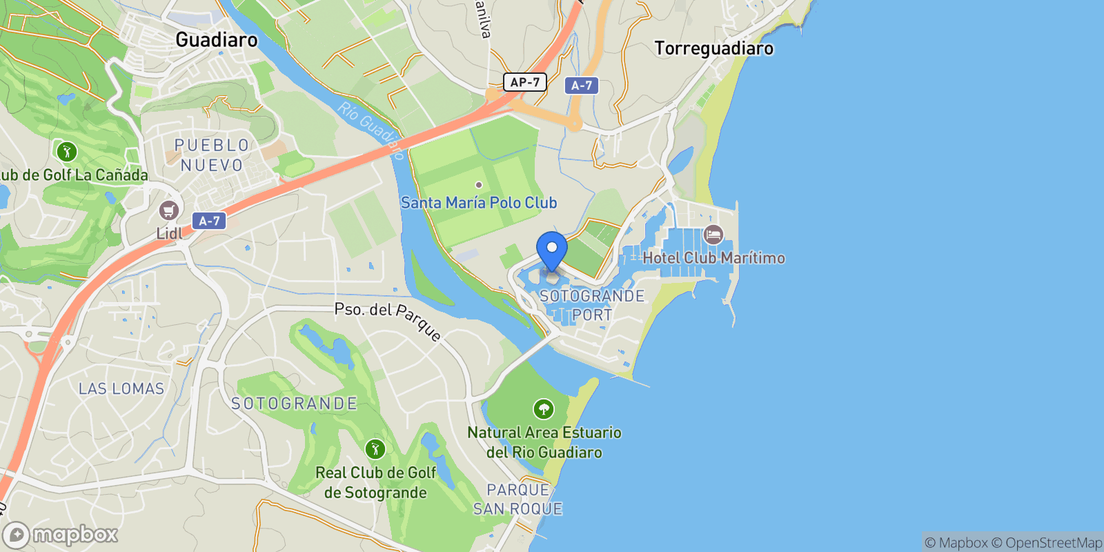 Map showing Urbanizacion Isla del Pez Barbero ,Puerto de Sotogrande-La Marina Sotogrande,  Sotogrande,  Sotogrande Puerto,  2ª Planta, Sotogrande, San Roque, Andalusia.