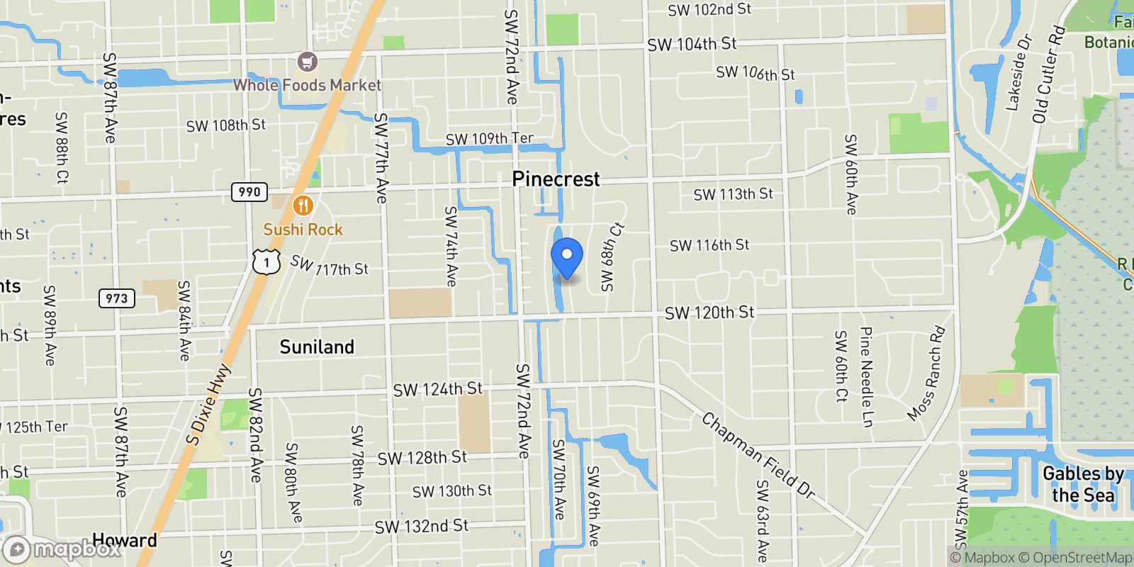 Map showing 11820 SW 69th Ct, Coral Gables, Florida, United States.