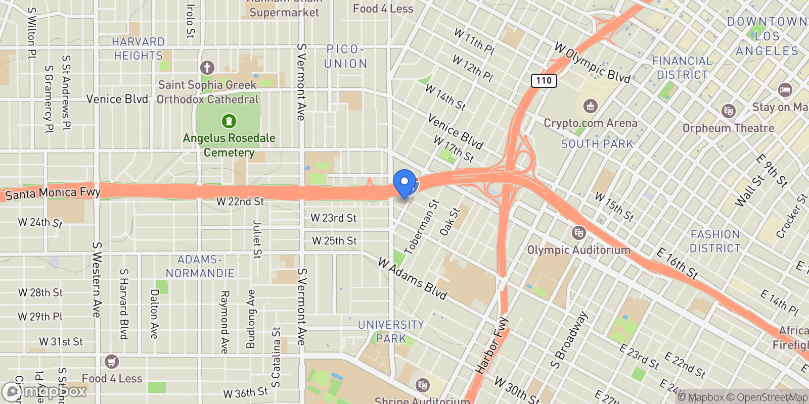 Map showing 2107 S Union Avenue, Los Angeles, CA 90007, Los Angeles, California, United States.