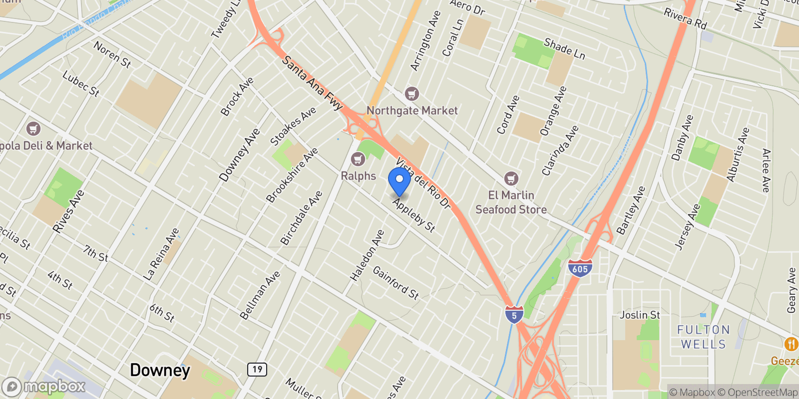 Map showing 9211 Appleby Street, DOWNEY, CA 90240, Downey, California, United States.