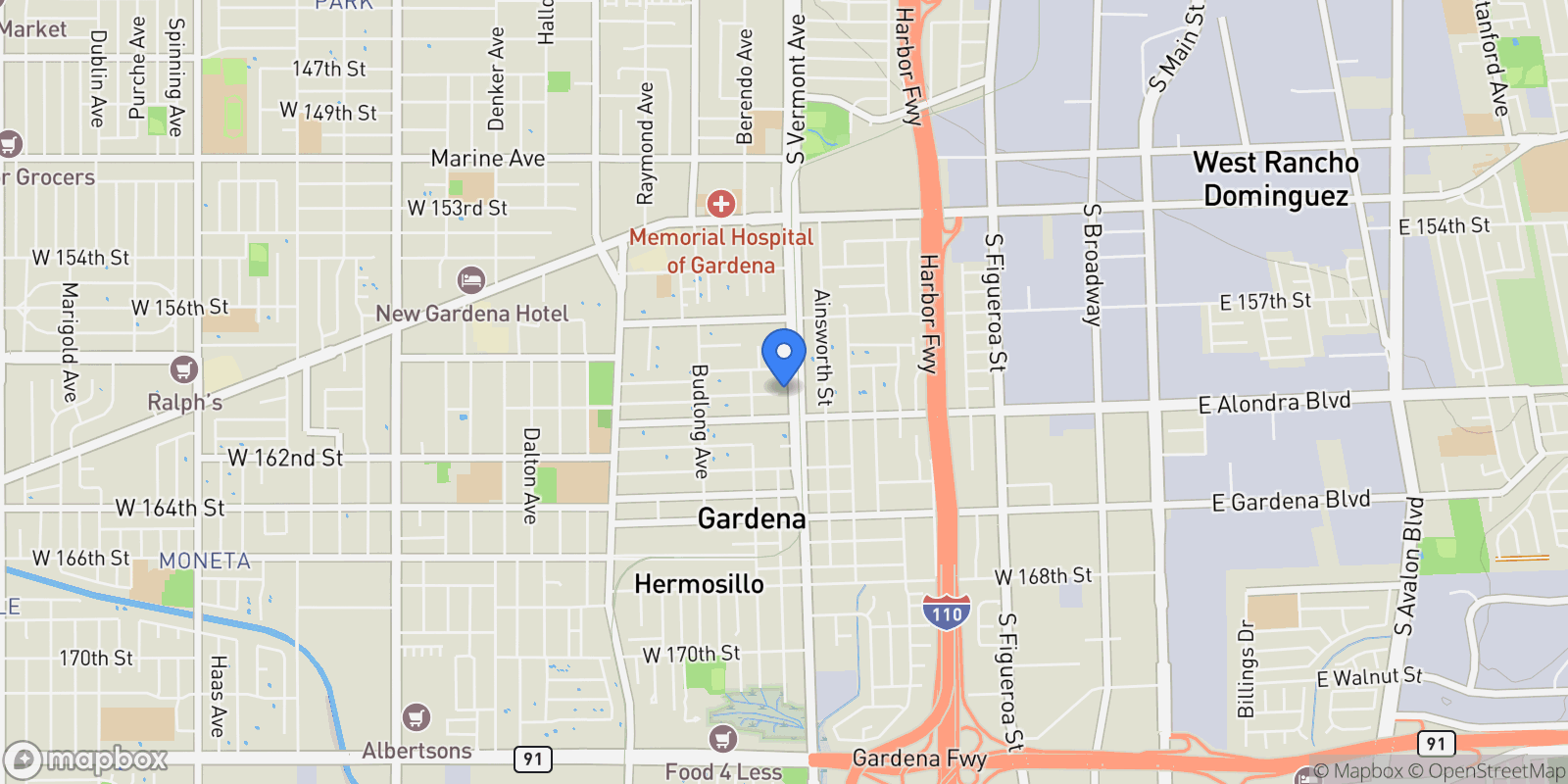 Map showing 16001 S Vermont 60, Gardena, CA 90247, Gardena, California, United States.