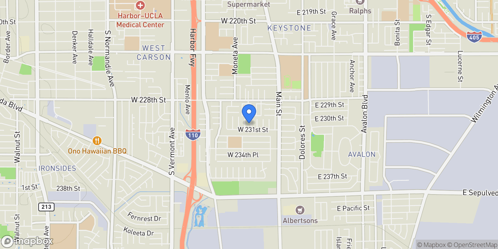 Map showing 23035 Kinard Avenue, Carson, CA 90745, Carson, California, United States.