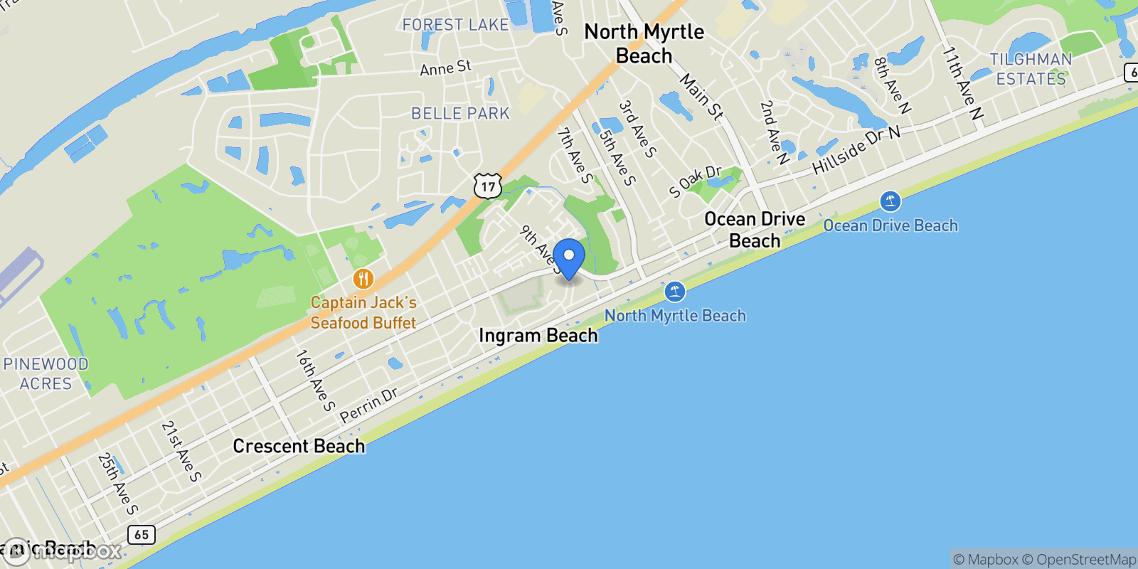 Map showing 222 9th Ave. S, North Myrtle Beach, SC 29582, North Myrtle Beach, South Carolina, United States.