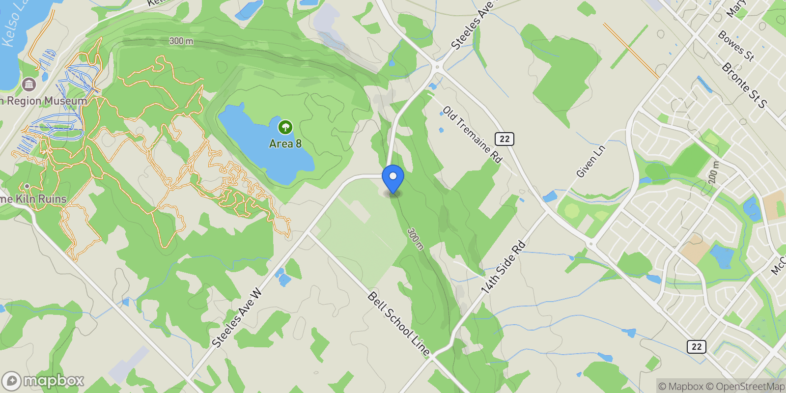 Map showing 5500 Steeles Ave W, Milton, ON L9T 2Y1, Canada, Milton, Ontario, Canada.