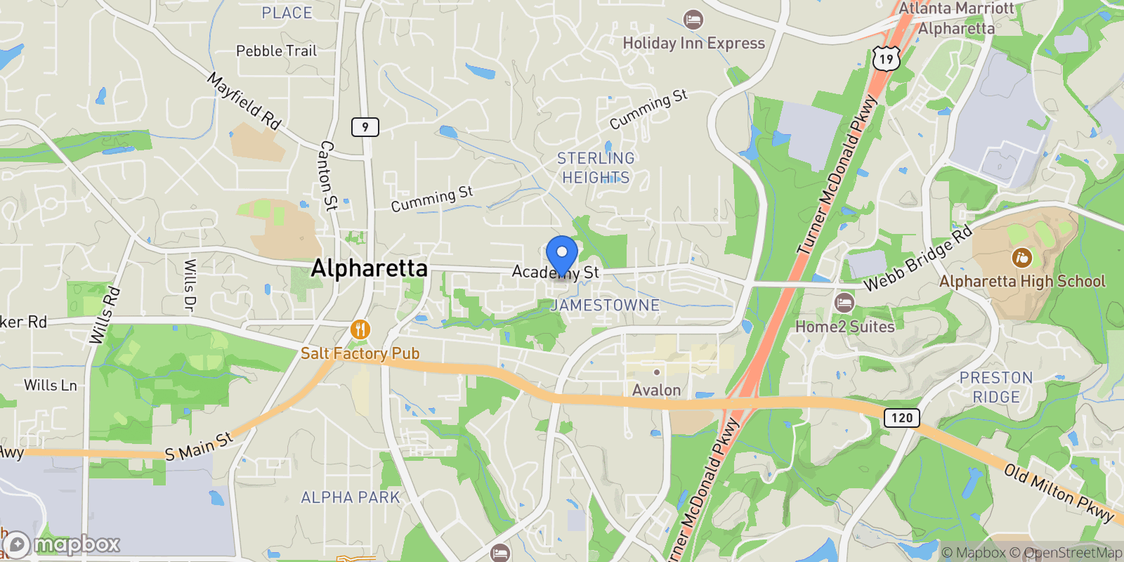 Map showing 2600 Milford Lane, Alpharetta, Georgia, United States.