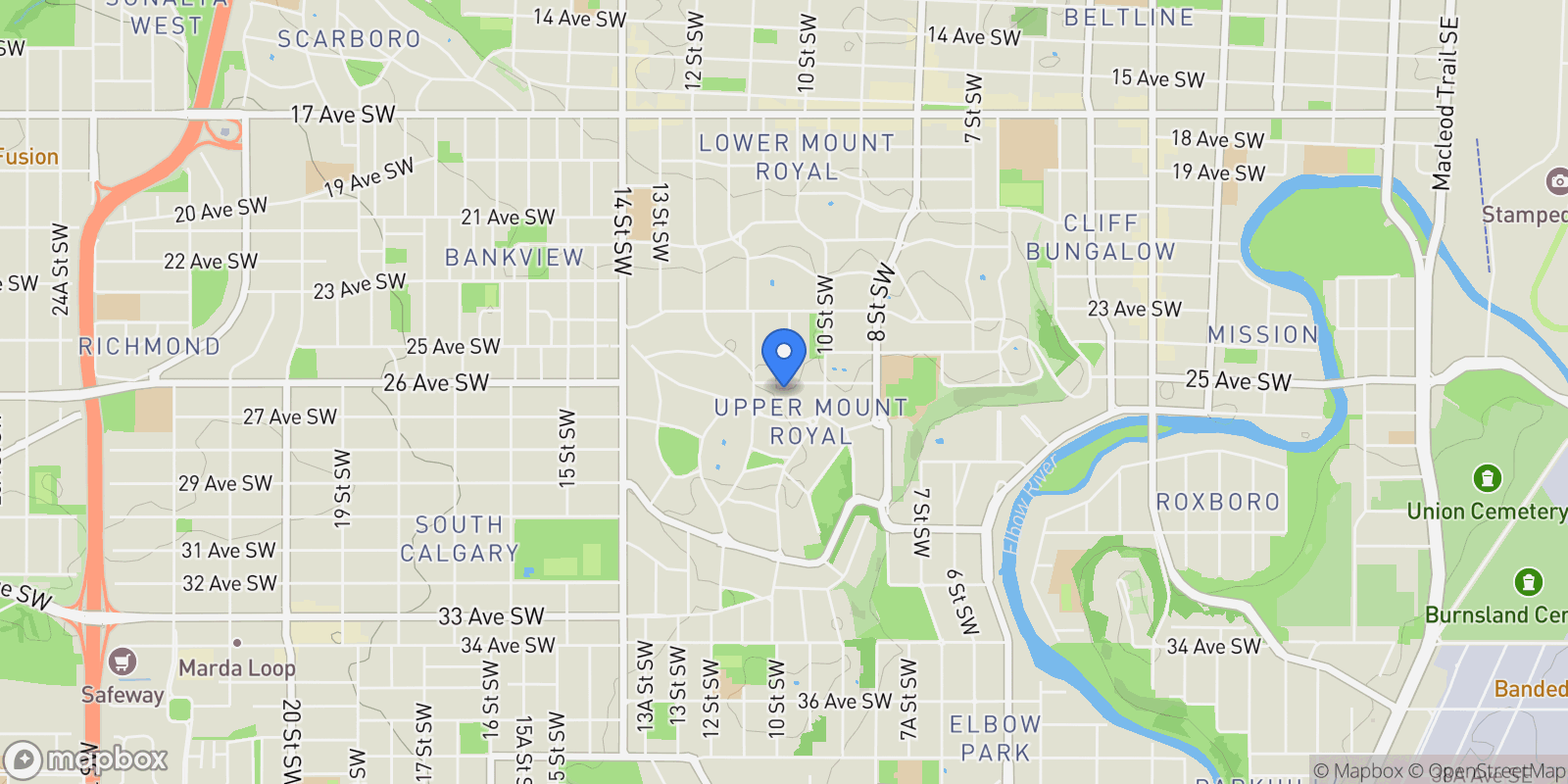 Map showing 1129 Dorchester Ave SW, Calgary, AB T2T 1B1, Canada, Calgary, Alberta, Canada.
