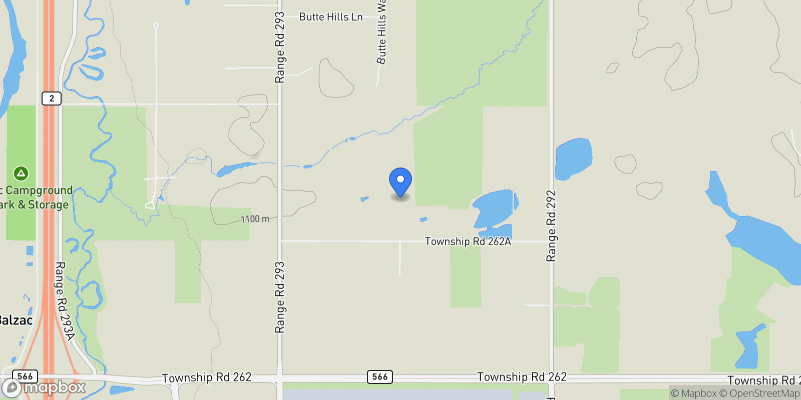 Map showing 292148 Township Road 262A, Calgary, Alberta, Canada.