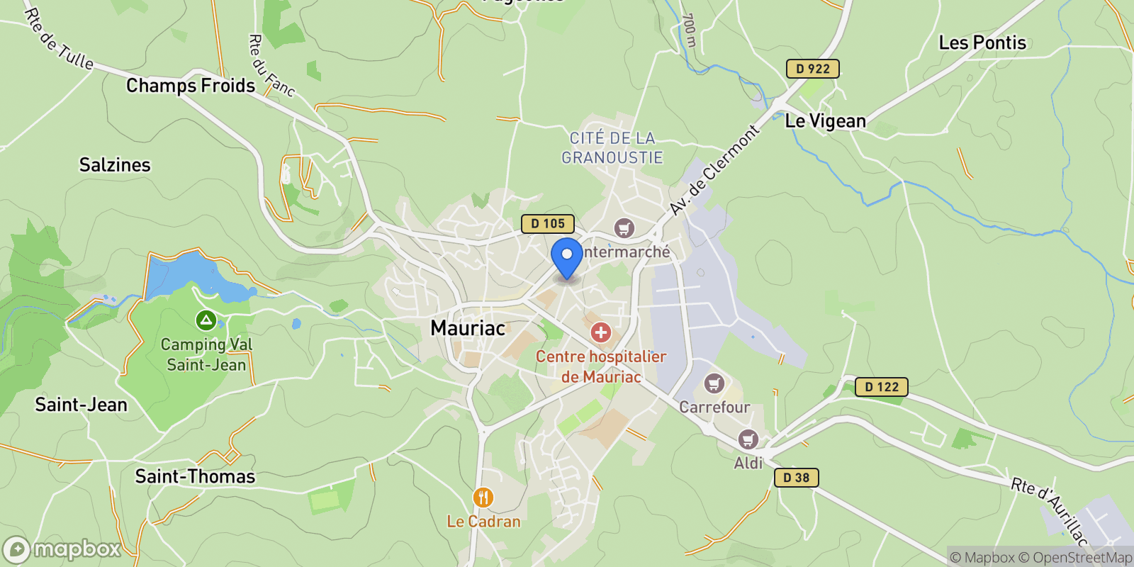 Map showing Mauriac, Mauriac, Mauriac, Auvergne-Rhône-Alpes, France.