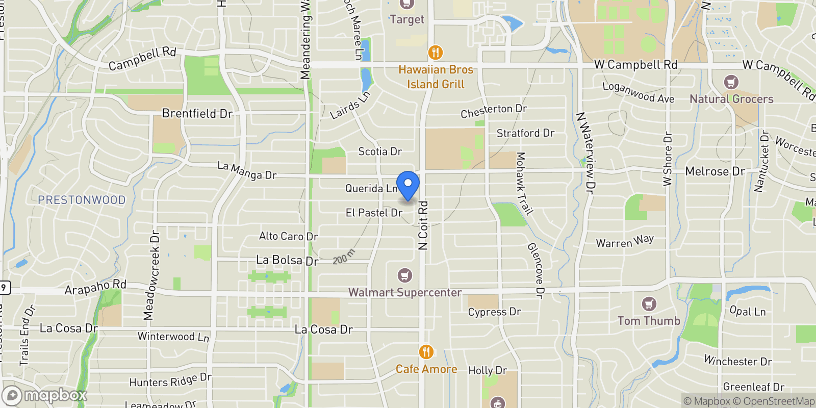 Map showing 7850 La Sobrina Drive, Dallas, Texas, United States.