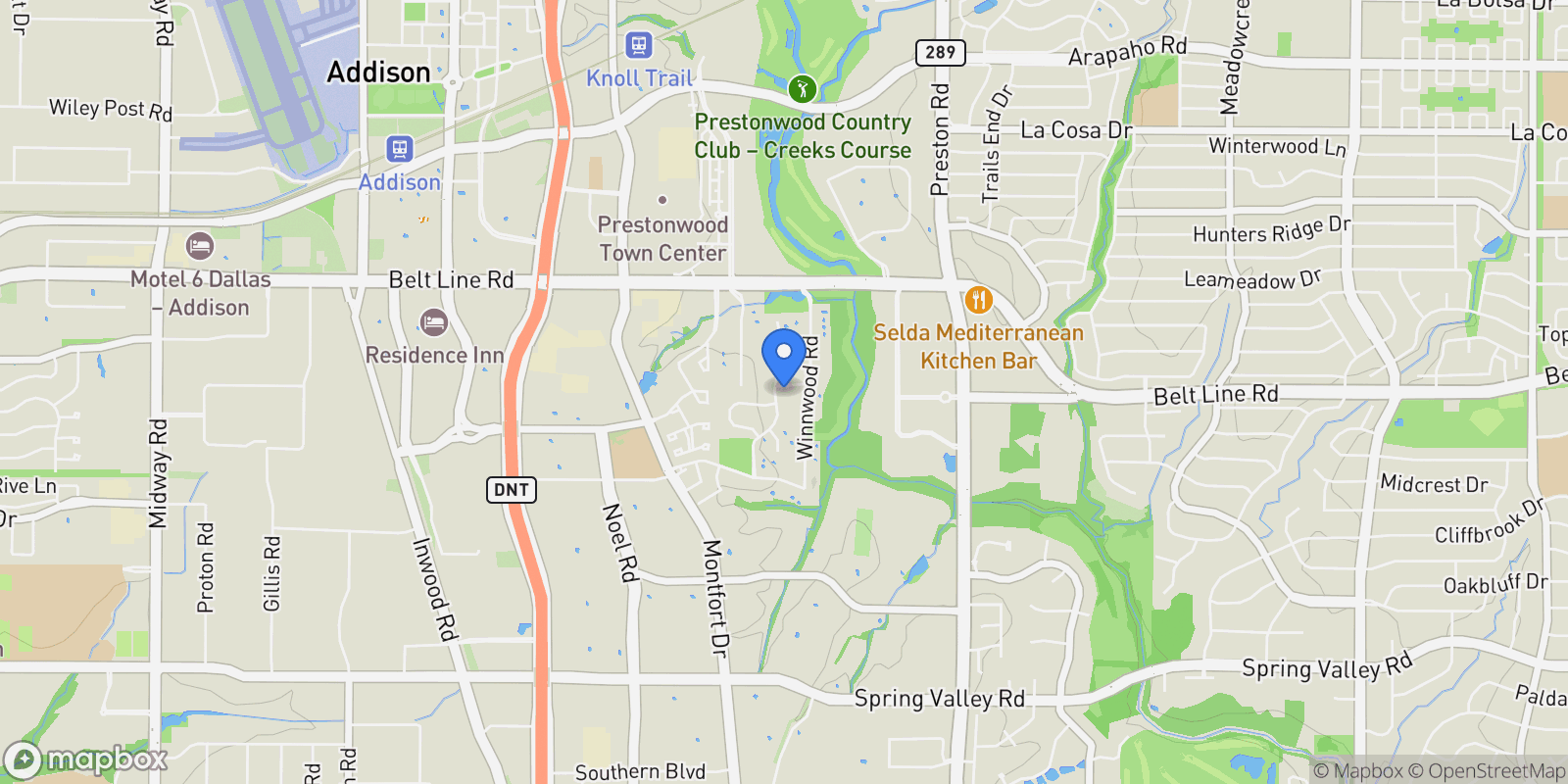 Map showing 14828 Bellbrook Drive, Addison, Texas, United States.