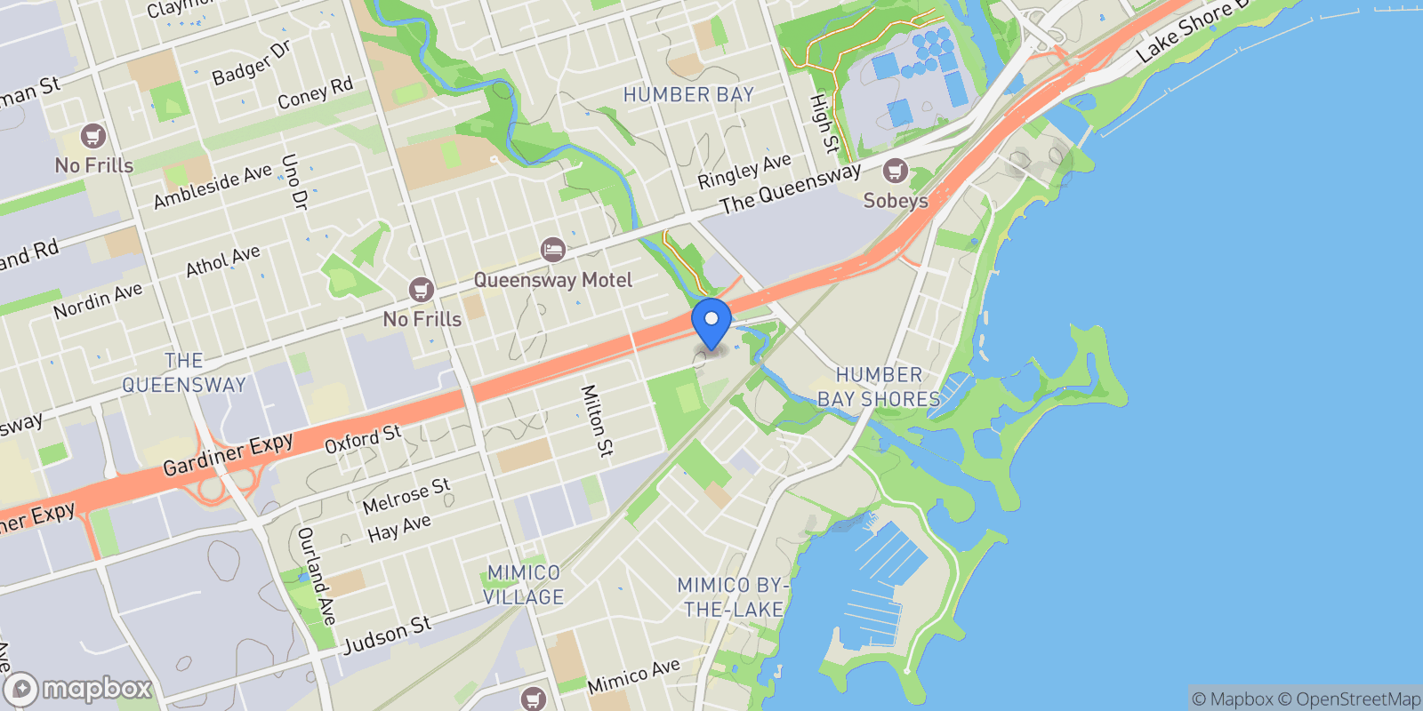 Map showing 300 Manitoba Street Unit #PH416, Toronto, Ontario, Canada.