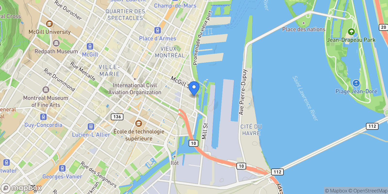 Map showing 555, Rue de la Commune Ouest, Montréal, Quebec, Canada.