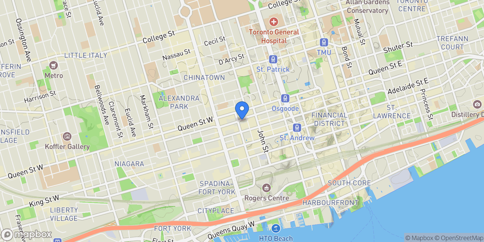 Map showing 125 Peter Street, Toronto, Ontario, Canada.