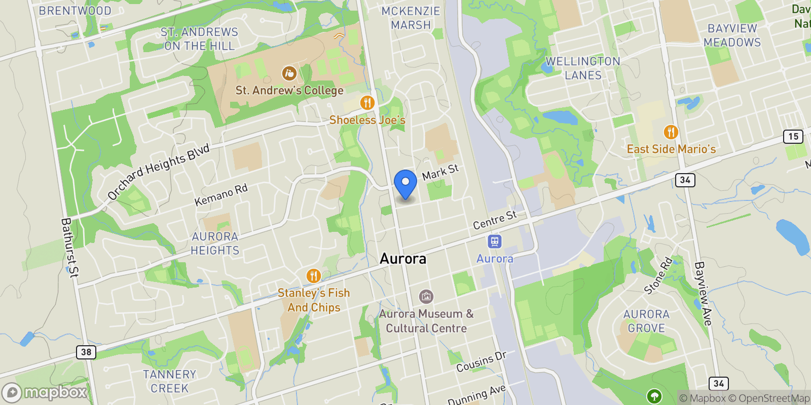 Map showing 16 Maple Street, Aurora, Ontario, Canada.