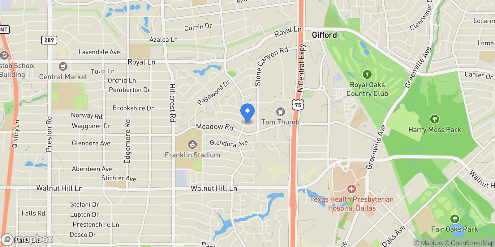 Map showing 7517 Meadow Oaks Drive, Dallas, Texas, United States.