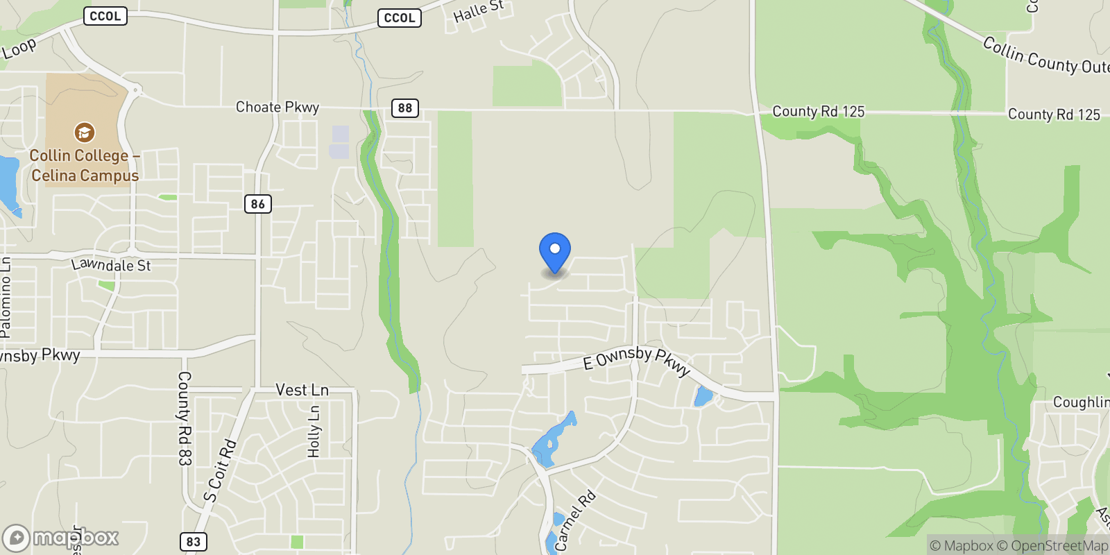 Map showing 2432 Rose Run Way, McKinney, Texas, United States.