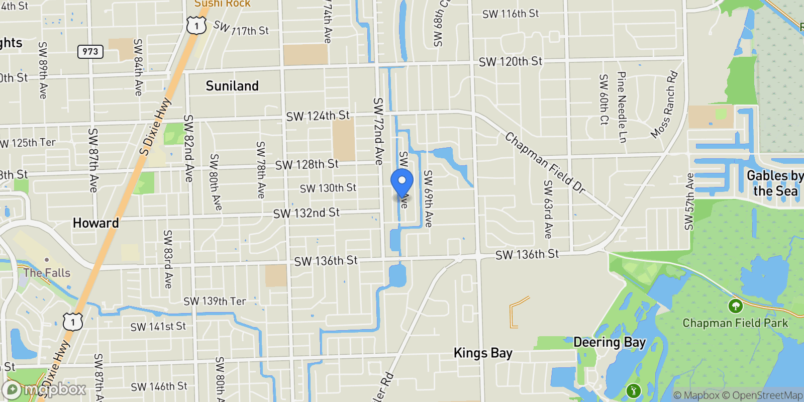 Map showing 13060 SW 70th Ave, Coral Gables, Florida, United States.