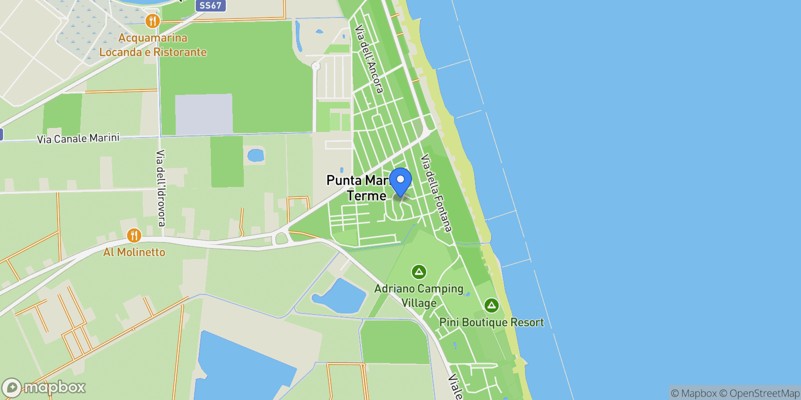 Map showing Via delle Ondine, N. 11, Punta Marina, Emilia-Romagna, Italy.