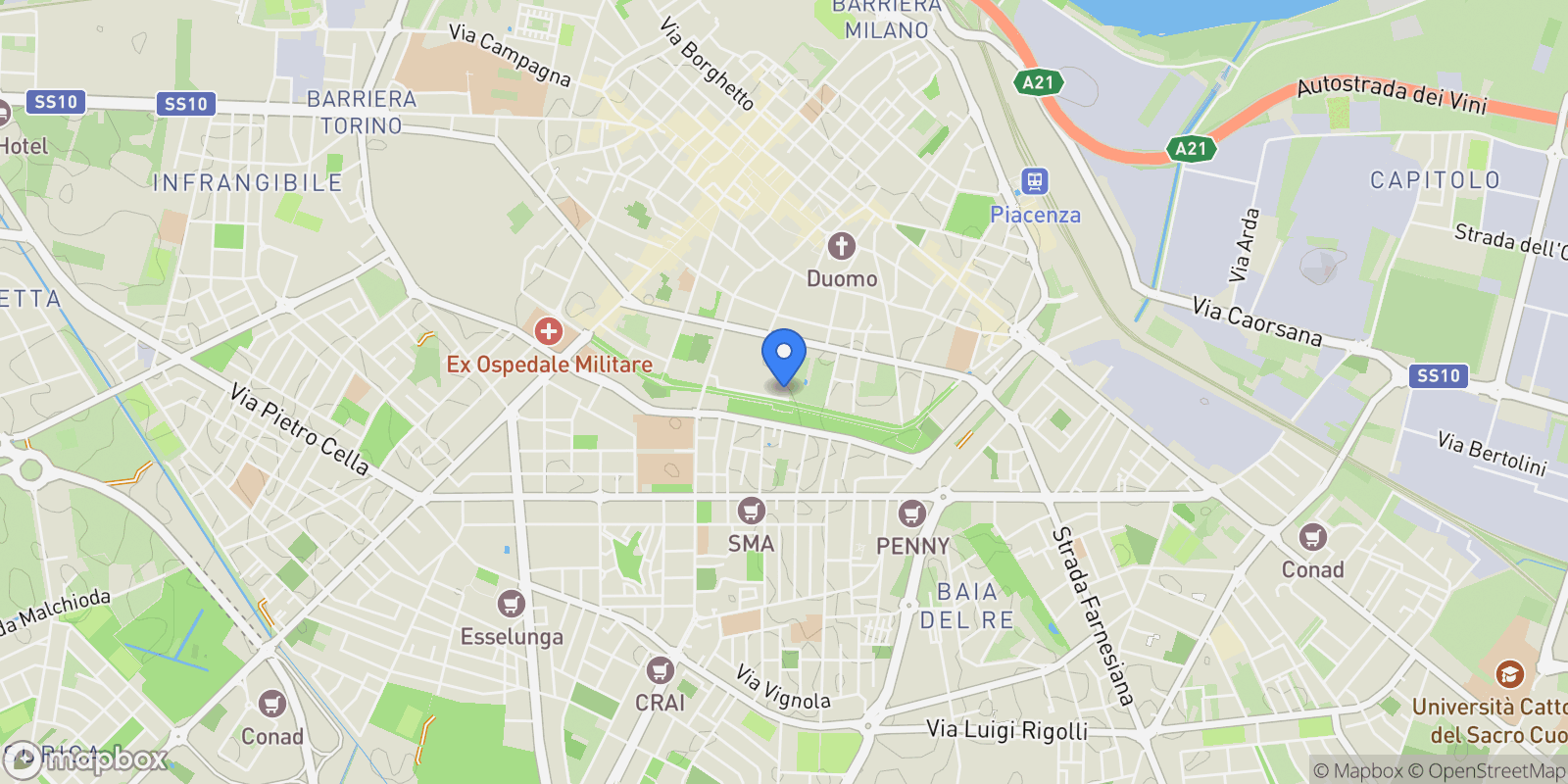 Map showing Viale Pubblico Passeggio, 42, 29121 Piacenza PC, Italia, Piacenza, Emilia-Romagna, Italy.