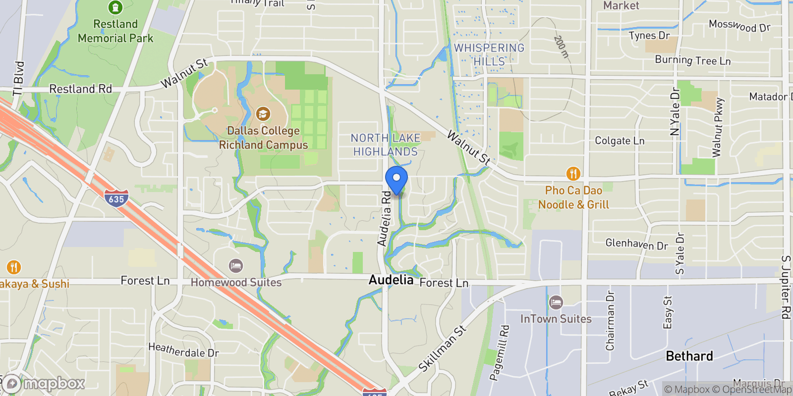 Map showing 12230 Jackson Creek Drive, Dallas, Texas, United States.