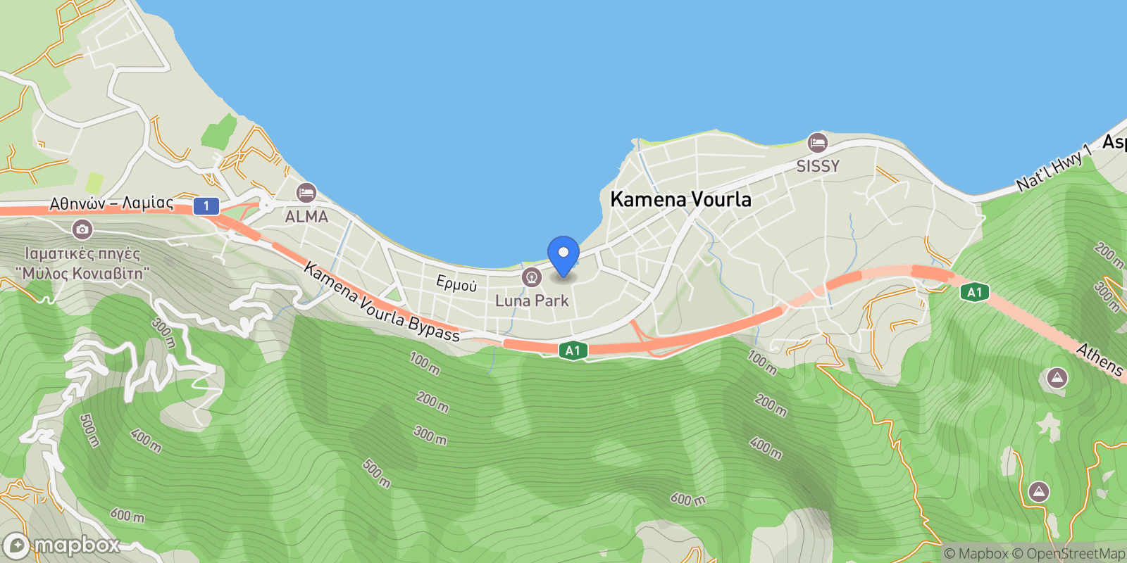 Map showing Kamena Vourla, Thessaly and Central Greece, Greece.