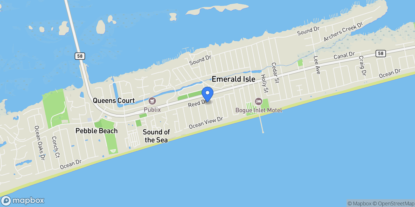 Map showing 120 Shorerush Drive, Emerald Isle, North Carolina, United States.