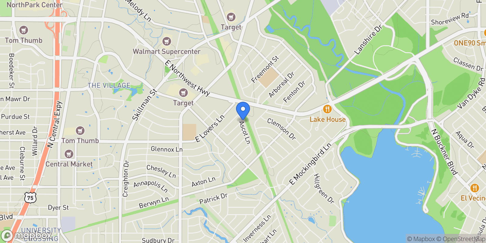 Map showing 6569 Ascot Lane, Dallas, Texas, United States.