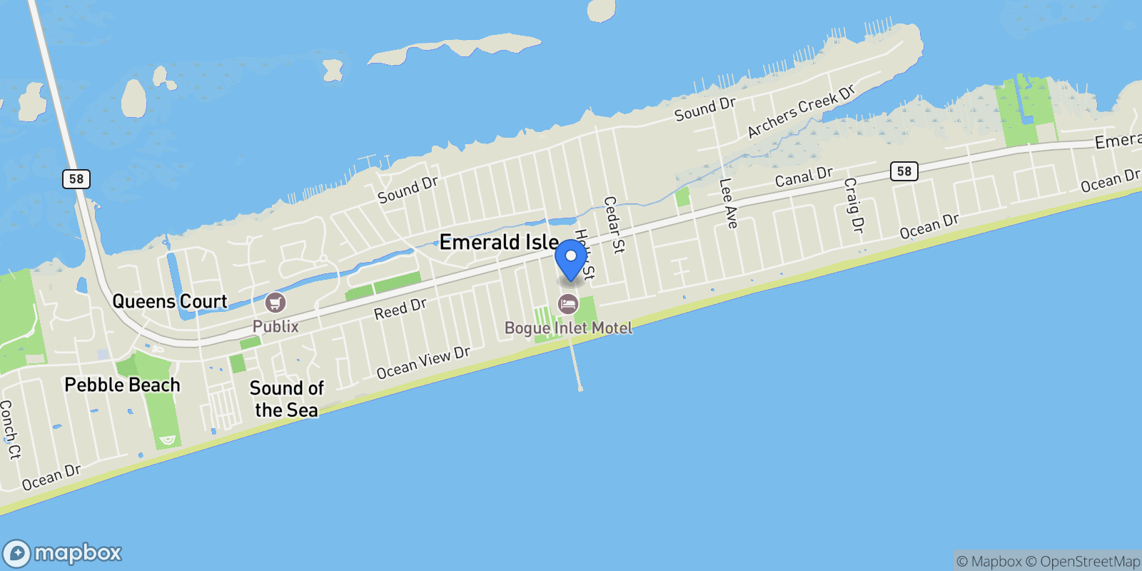 Map showing 127 Eastview Drive, Emerald Isle, North Carolina, United States.