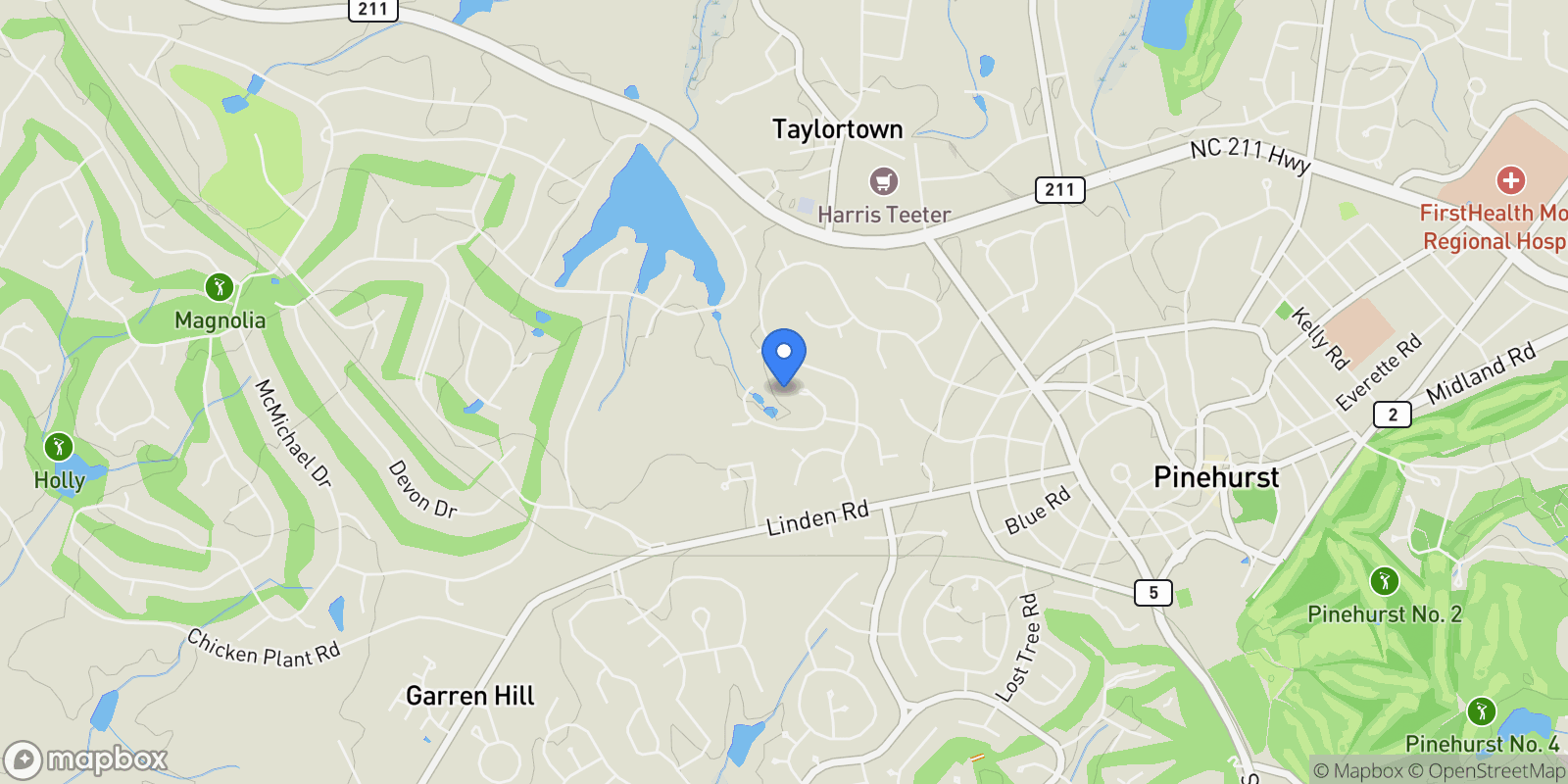 Map showing 4 Augusta Way, Pinehurst, North Carolina, United States.