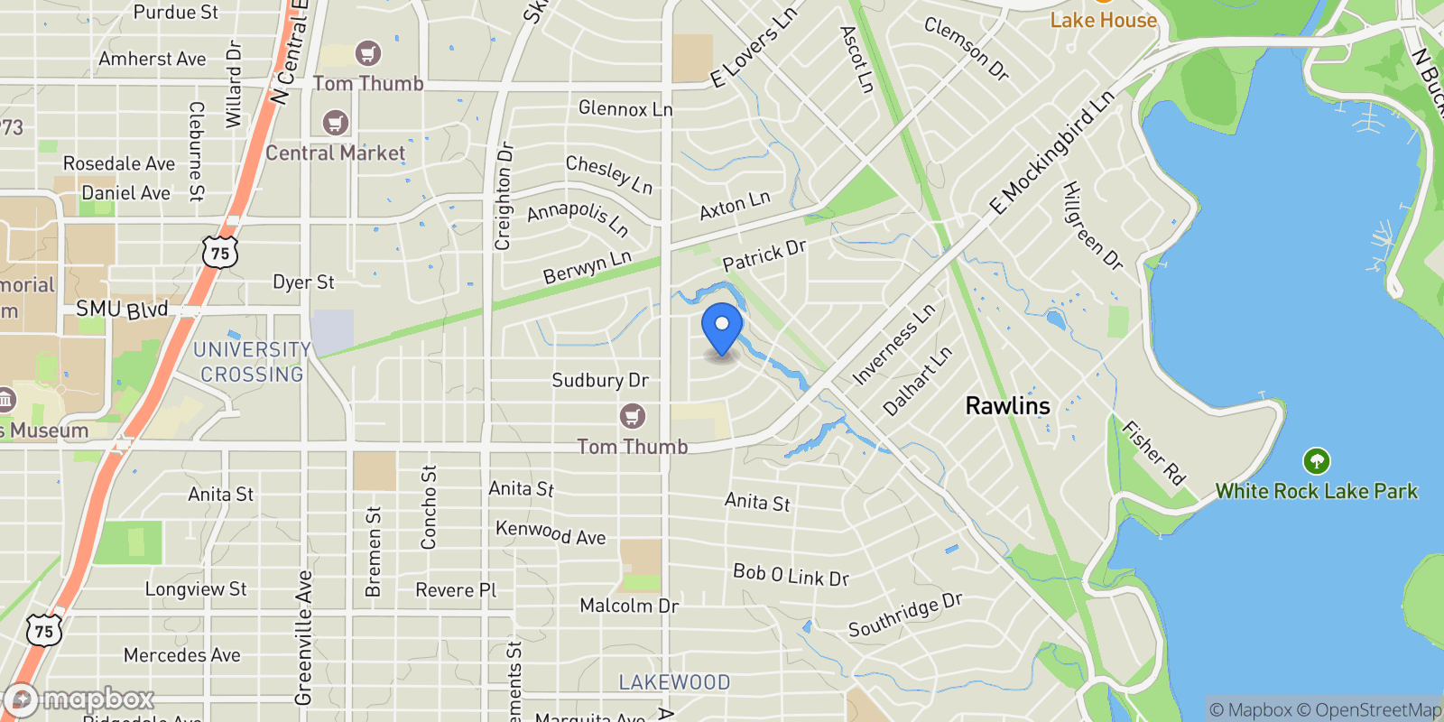 Map showing 6462 Woodcrest Lane, Dallas, Texas, United States.