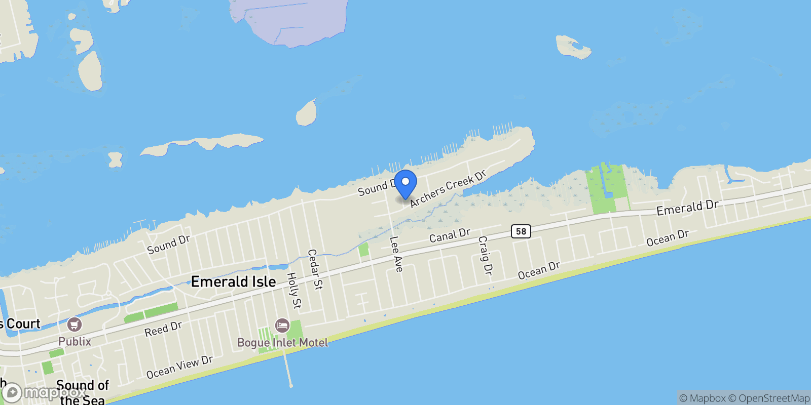 Map showing 7316 Archers Creek Drive, Emerald Isle, North Carolina, United States.
