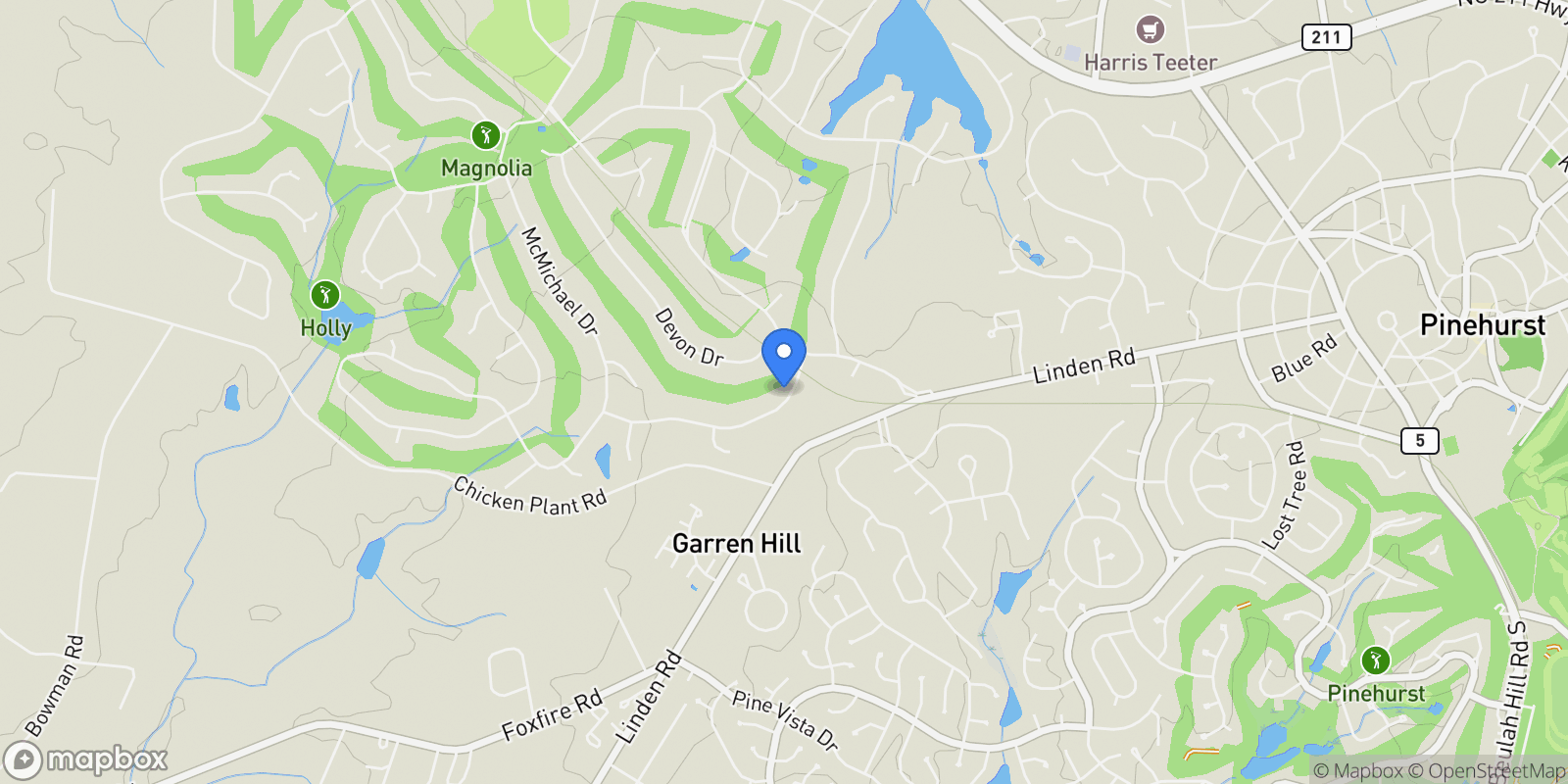 Map showing 12 Lasswade Drive, Pinehurst, North Carolina, United States.