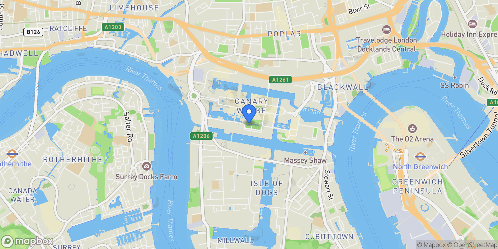 Map showing Bagshaw Building, Canary Wharf, London, England, United Kingdom.