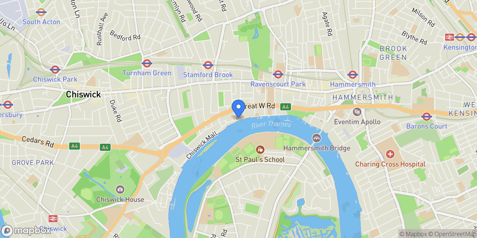 Map showing Queen’s Wharf, Hammersmith, London, England, United Kingdom.