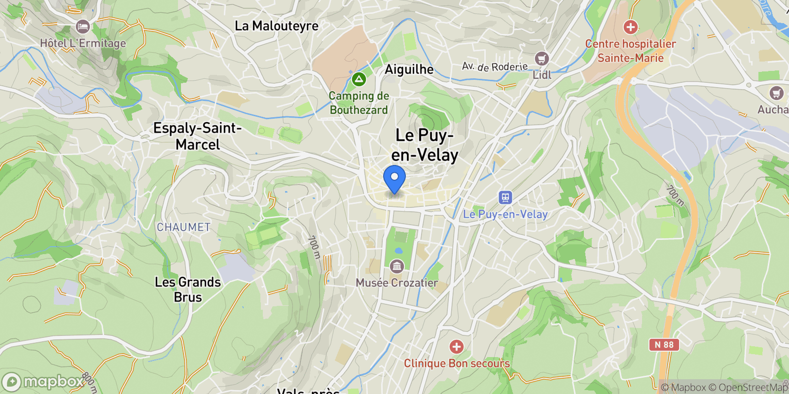 Map showing Le Puy-en-Velay, Le Puy-en-Velay, Polignac, Auvergne-Rhône-Alpes, France.