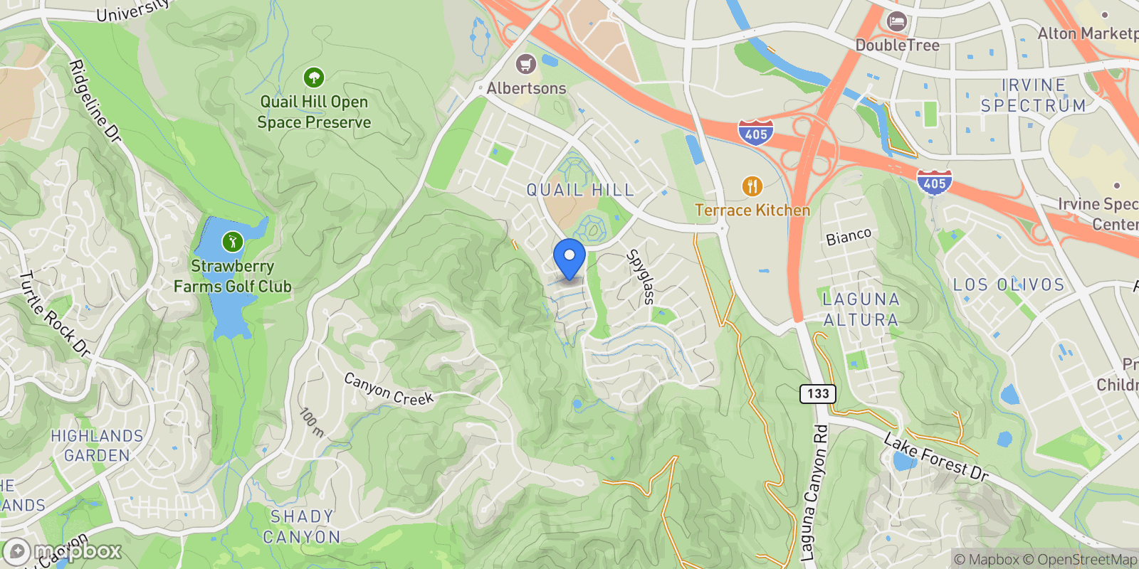 Map showing 113 Bottlebrush, Irvine, California, United States.