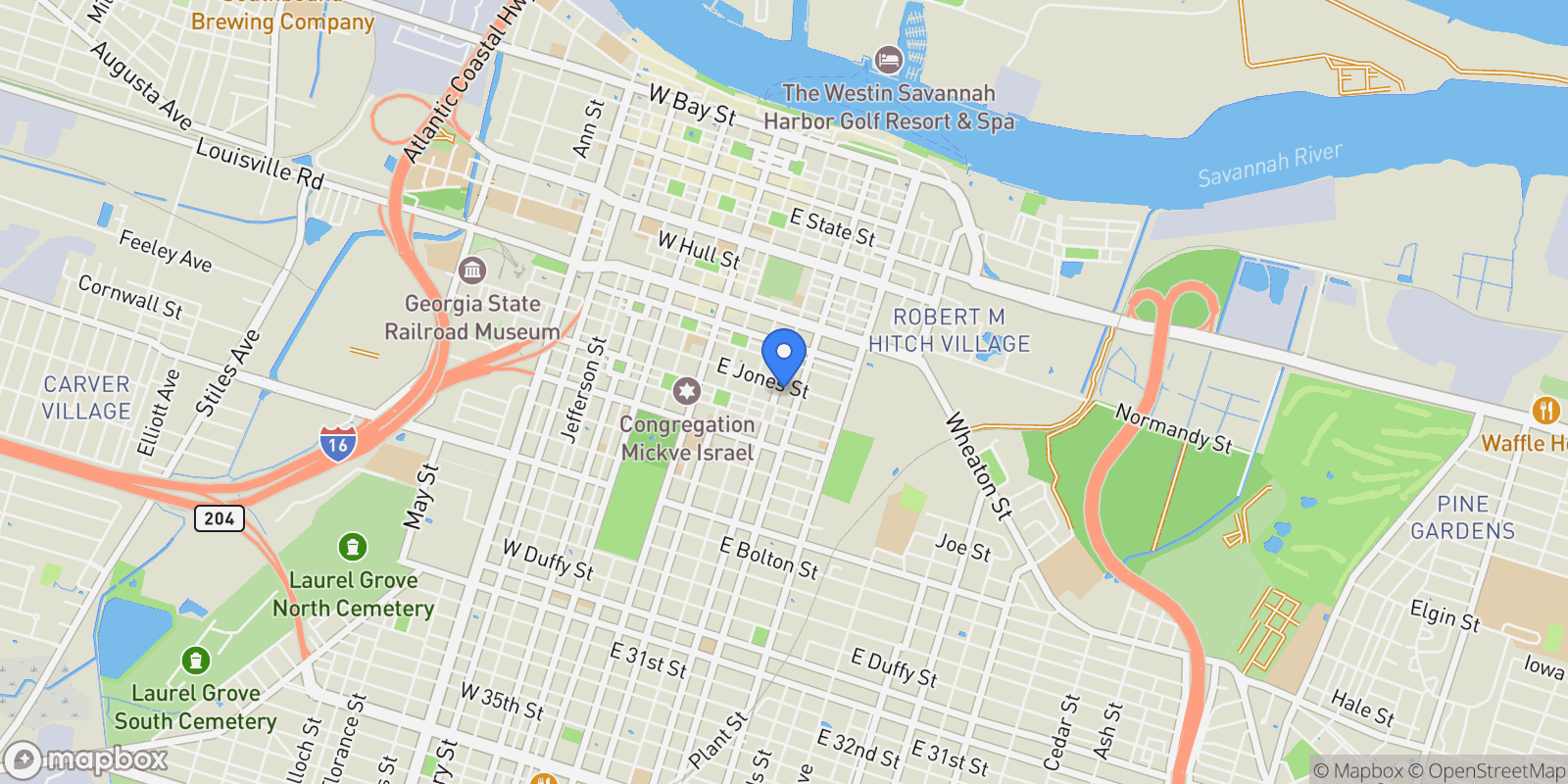 Map showing 407 E Jones Street, Savannah, Georgia, United States.