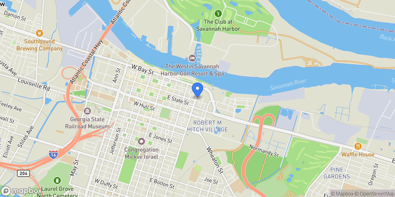 Map showing 52-56 E Broad Street, Savannah, Georgia, United States.