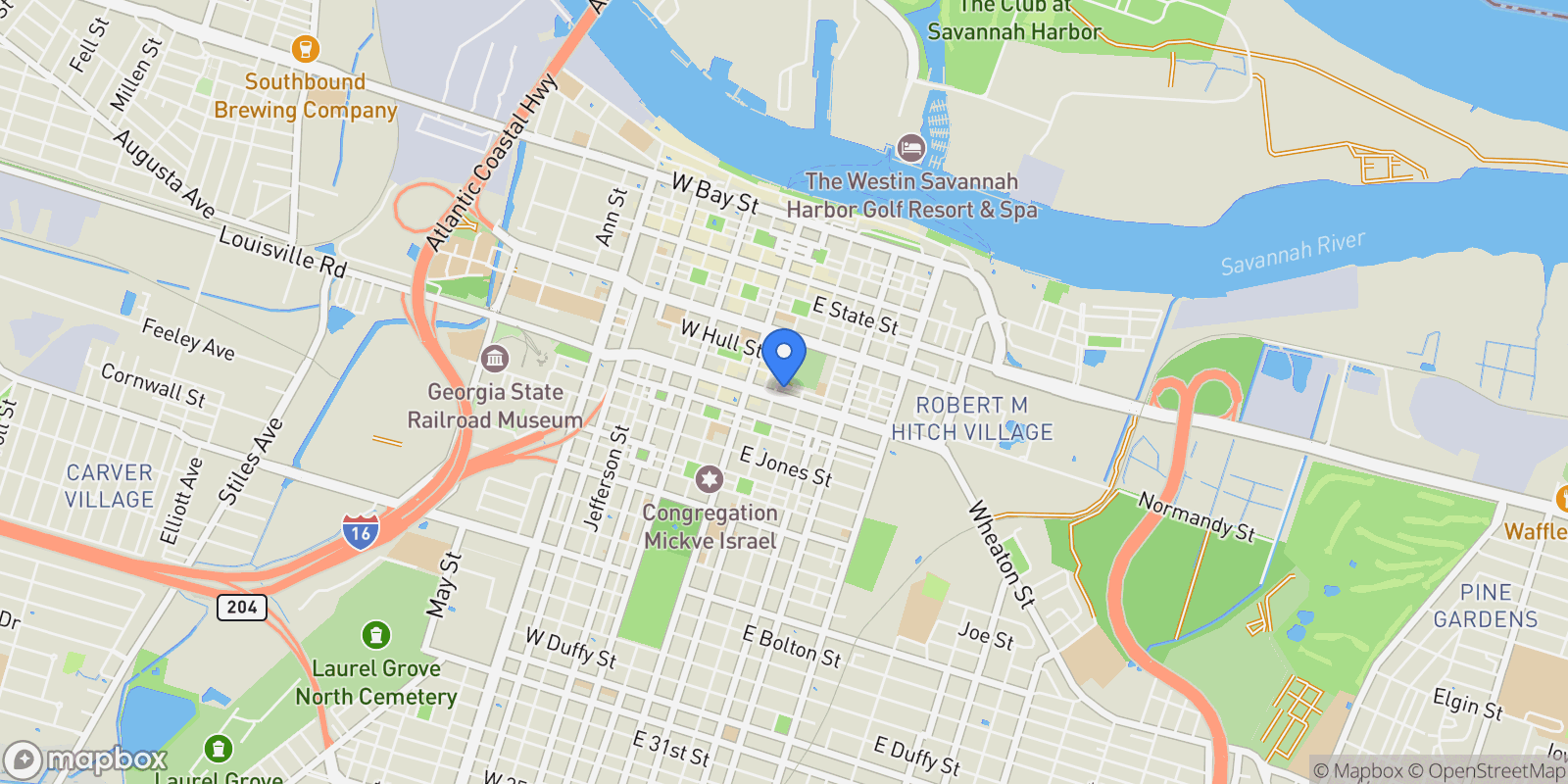 Map showing 208 E Liberty Street, Savannah, Georgia, United States.
