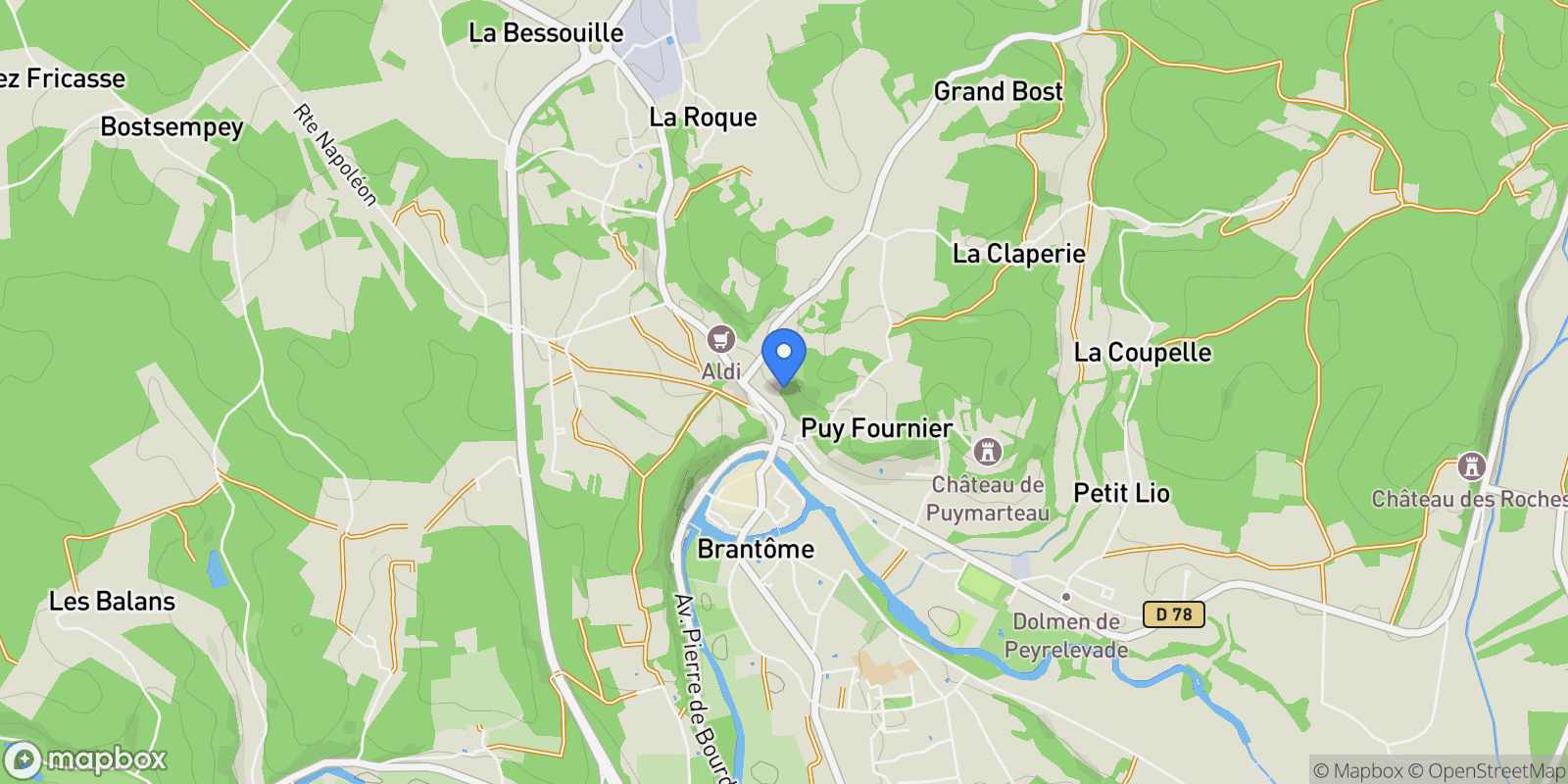 Map showing Brantôme en Périgord, Nouvelle-Aquitaine, France.