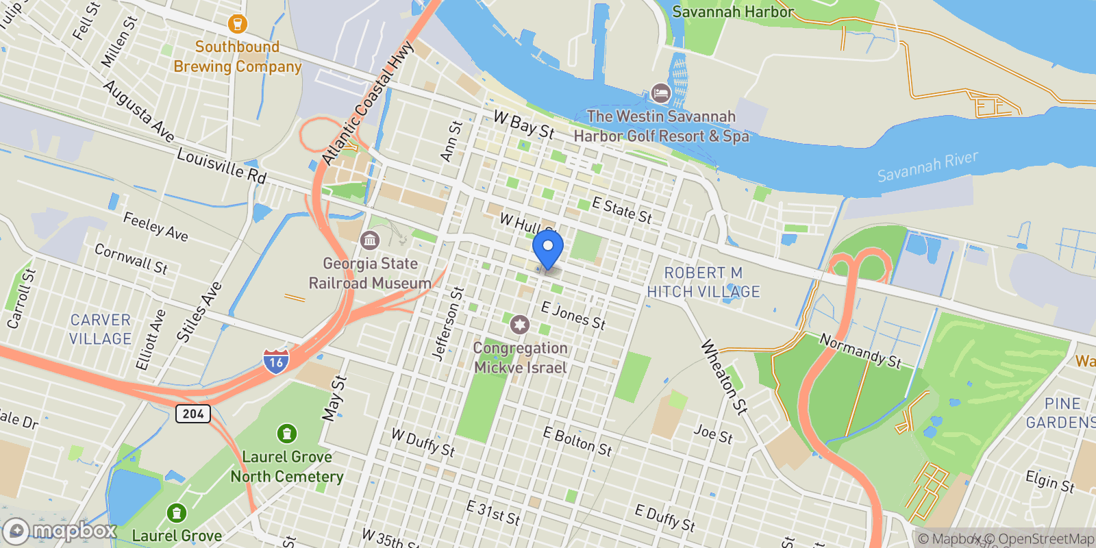 Map showing 106 E Harris Street, Savannah, Georgia, United States.
