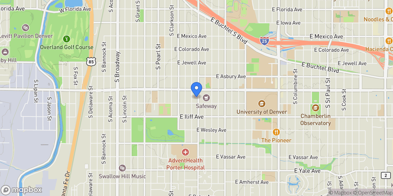 Map showing 2161 S Downing Street, Denver, Colorado, United States.