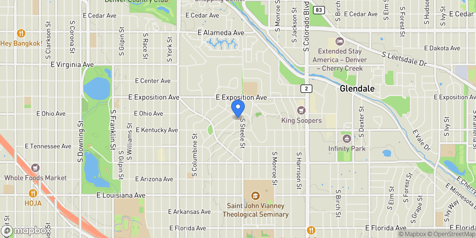 Map showing 725 S Cove Way, Denver, Colorado, United States.