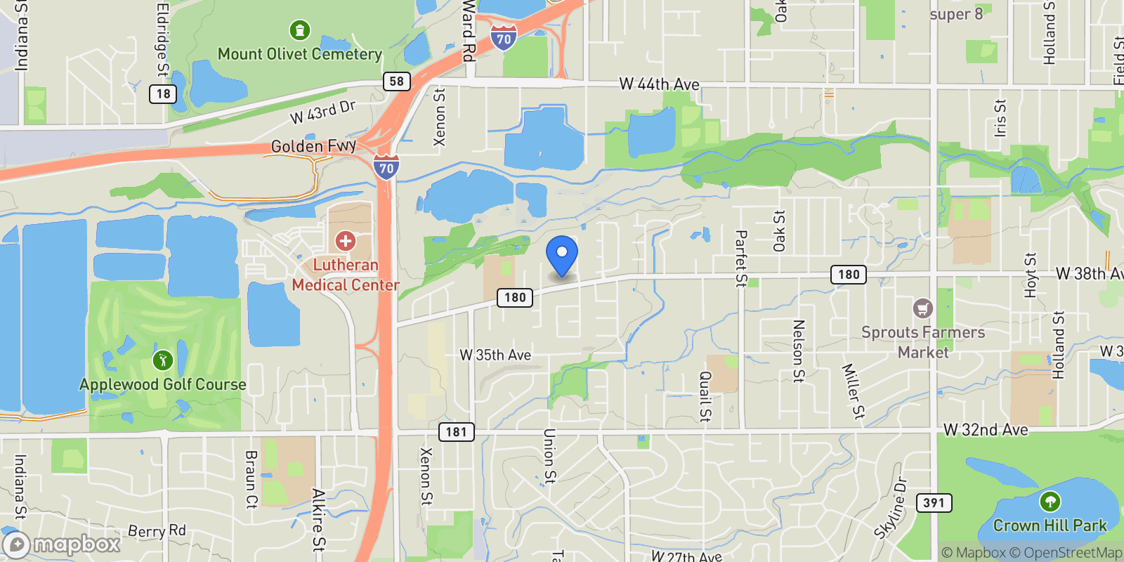 Map showing 11880 W 38th Place, Wheat Ridge, Colorado, United States.