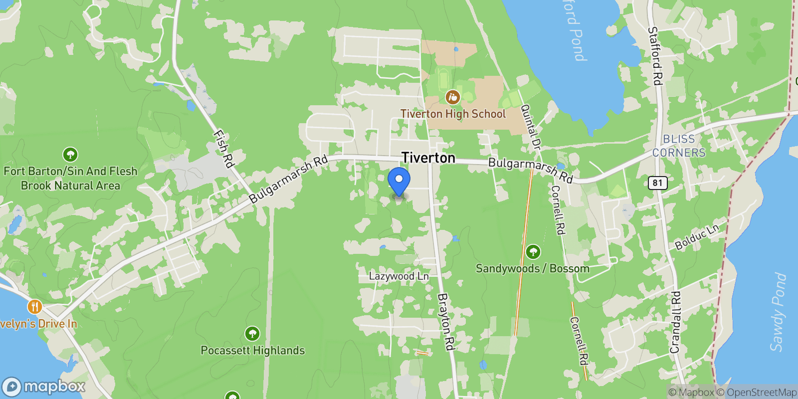 Map showing 65 Knotty Pine Road, Tiverton, RI 02878, Tiverton, Rhode Island, United States.