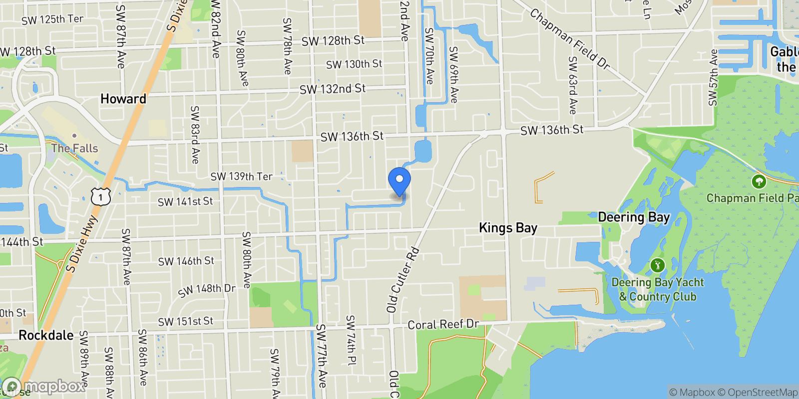Map showing 14345 SW 72nd Ct, Coral Gables, Florida, United States.