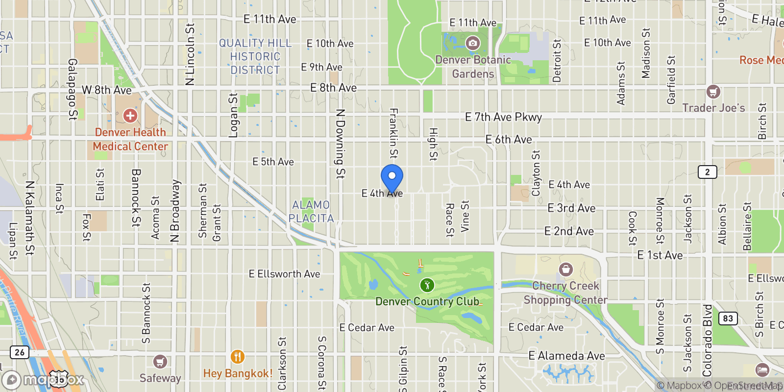 Map showing 395 N Franklin Street, Denver, Colorado, United States.