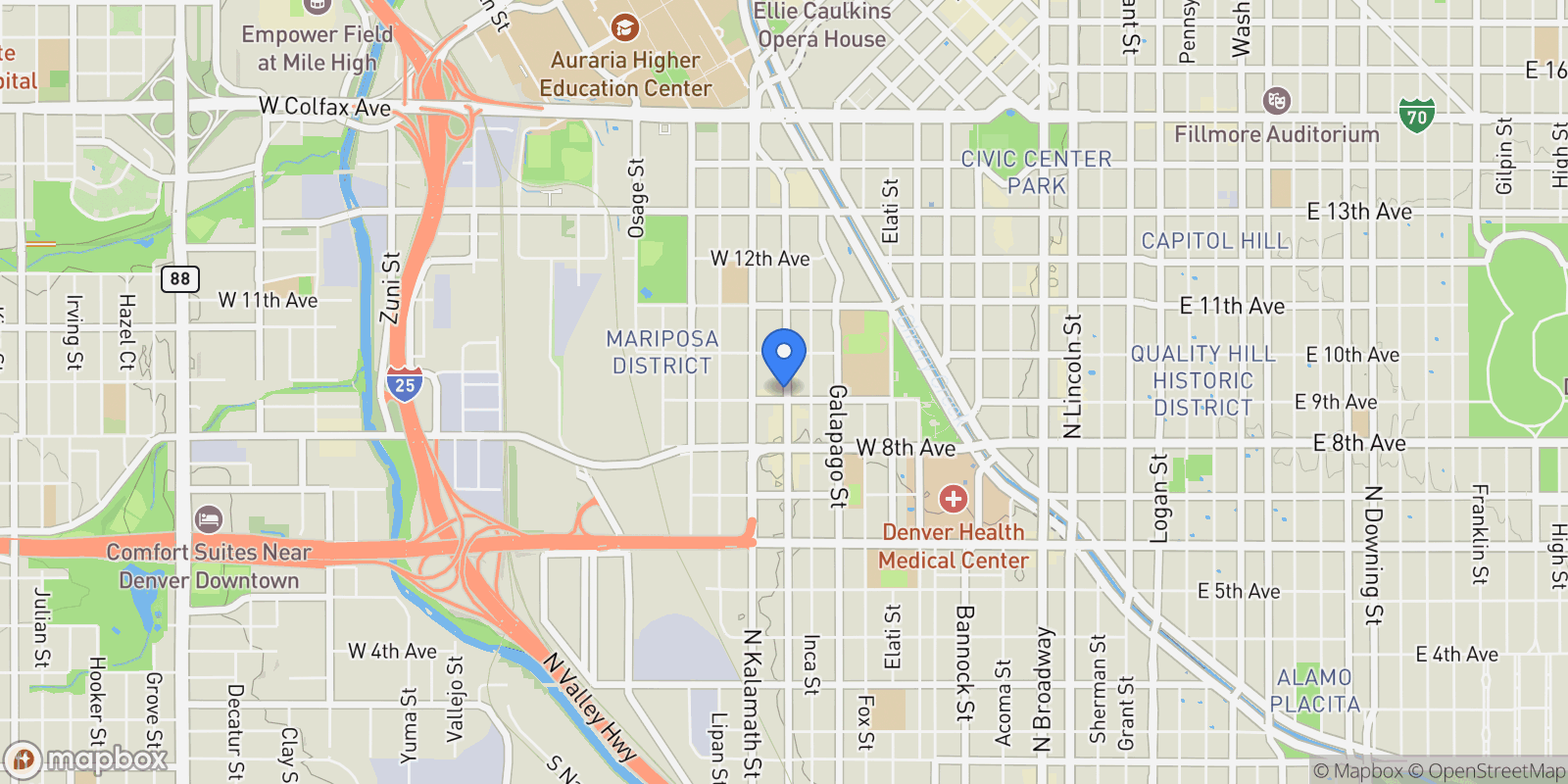 Map showing 919 Santa Fe Drive, Denver, Colorado, United States.