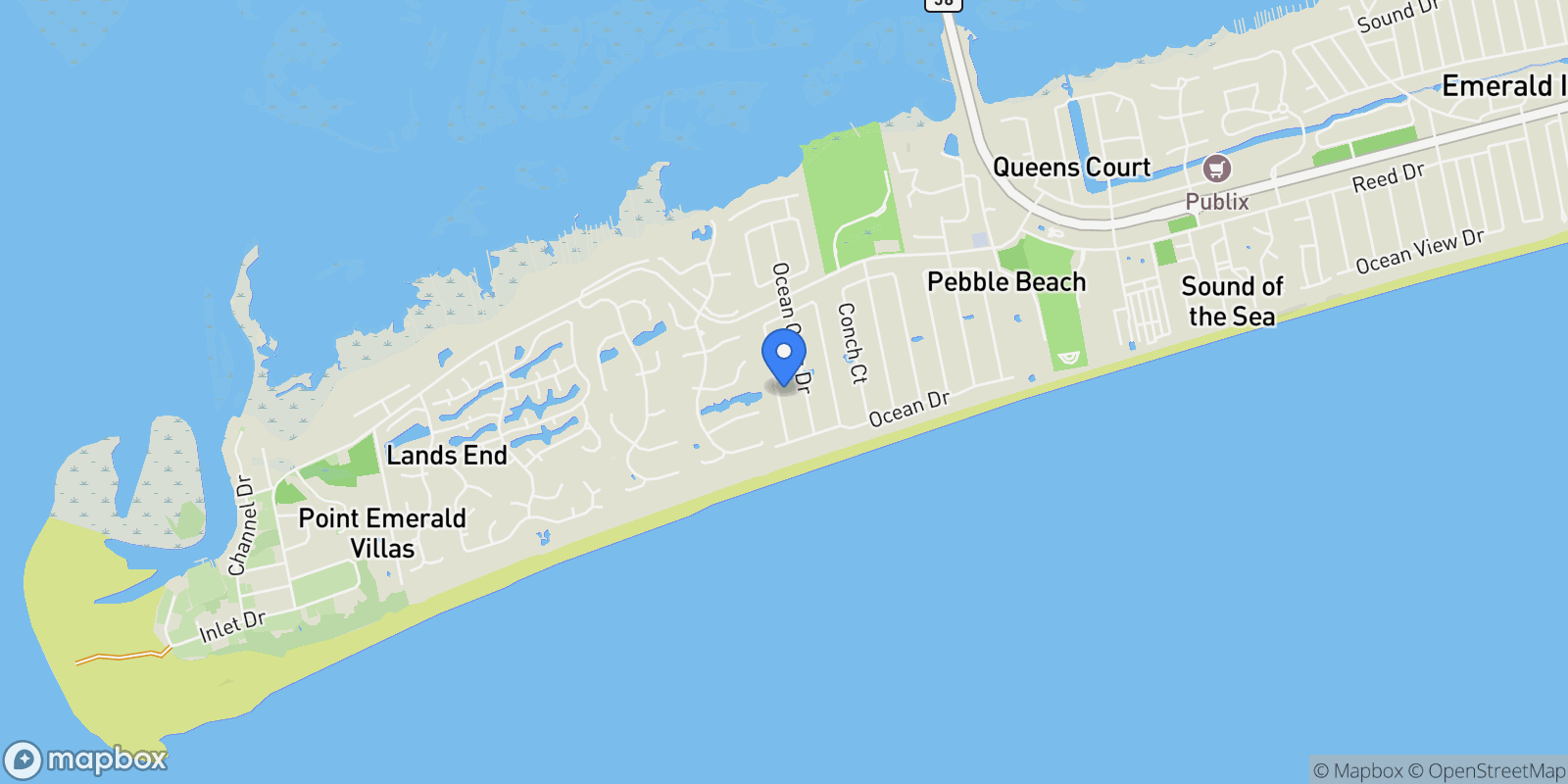 Map showing 112 Page Place, Emerald Isle, North Carolina, United States.